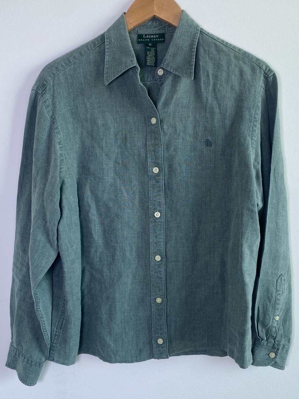 Lauren Ralph Lauren Women's Green Button-Down Classic Fit Shirt Size Medium